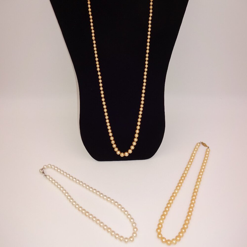 3 Vintage Faux Pearl Single Strand Necklaces 1 Monet 1 Japan Beige Ivory White
